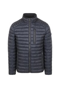 Opgevulde donkerblauwe jas met een hoge kraag, ritssluiting aan de voorkant en borstzak, voorzien van horizontale stiknaden en een gladde textuur.