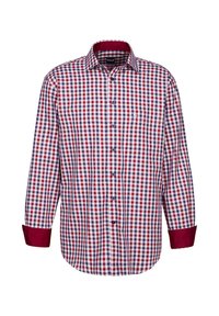 Camicia a maniche lunghe a quadri rossi e blu, con design bottonato, polsini a contrasto color bordeaux e una tasca sul petto a sinistra.
