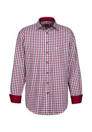 Rot- und navy-kariertes langärmeliges Hemd im Button-Up-Design, mit kontrastierenden kastanienbraunen Manschetten und einer einzelnen Brusttasche auf der linken Seite.