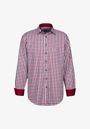 Camicia a maniche lunghe a quadri rossi e blu, con design bottonato, polsini a contrasto color bordeaux e una tasca sul petto a sinistra.