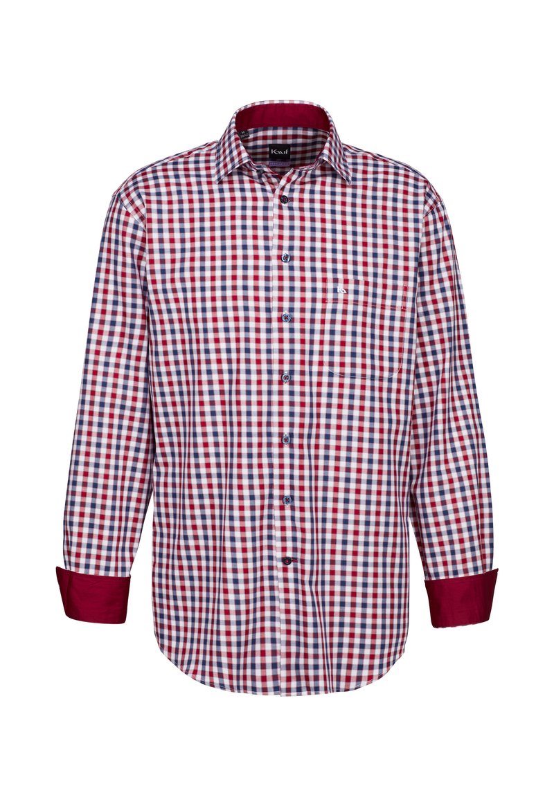 Camicia a maniche lunghe a quadri rossi e blu, con design bottonato, polsini a contrasto color bordeaux e una tasca sul petto a sinistra.