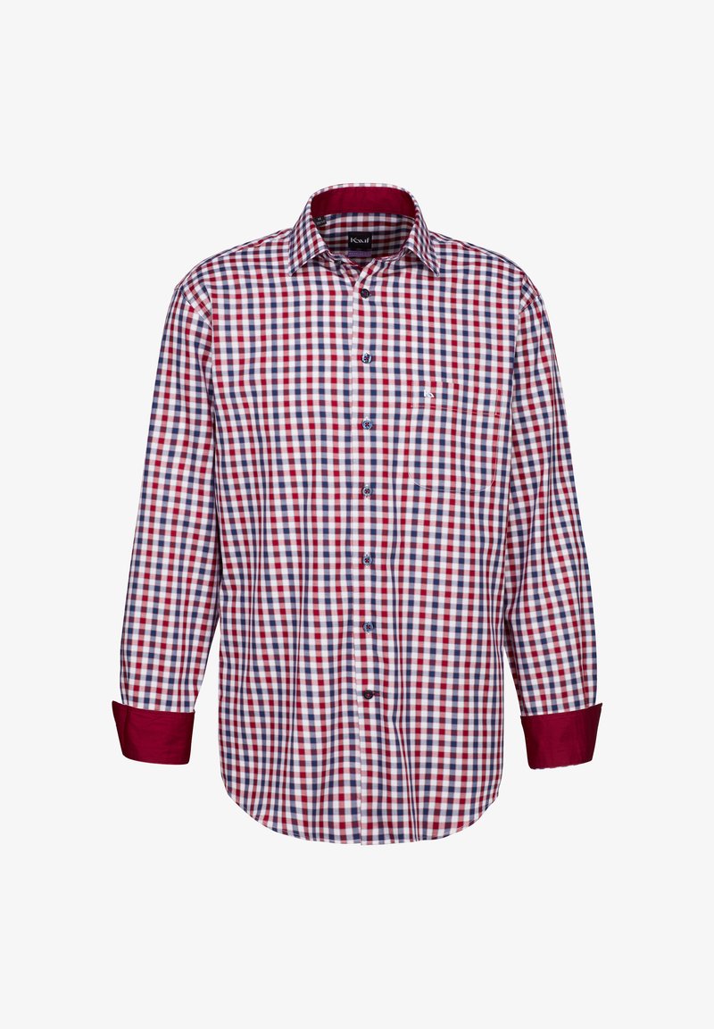Camicia a maniche lunghe a quadri rossi e blu, con design bottonato, polsini a contrasto color bordeaux e una tasca sul petto a sinistra.