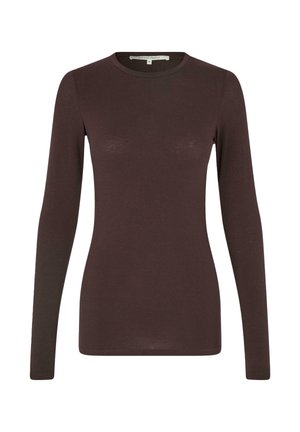 Tricou cu maneci lungi, realizat dintr-un material moale de culoare maronie închisă, cu decolteu rotund. Are o siluetă ajustată și o textură netedă, fără modele sau decorațiuni.