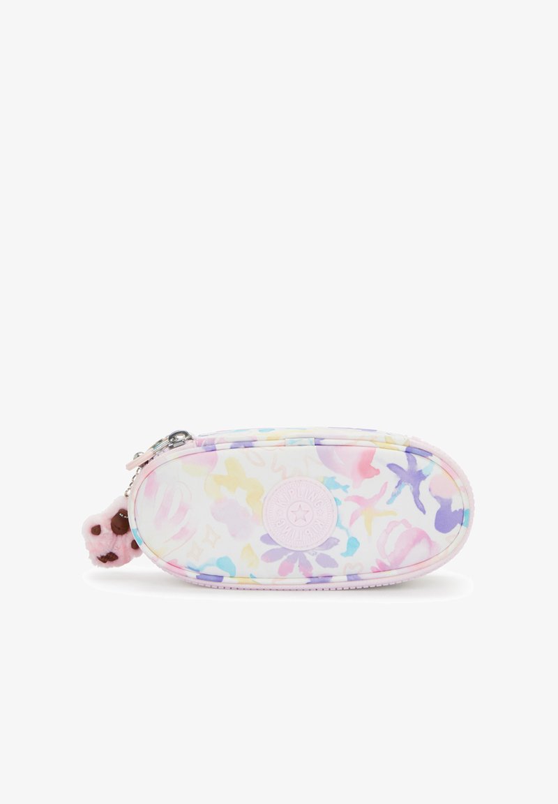 Pennfodral med dragkedja i pastellfärgade akvarellblommor, rundad oval form, textilmaterial med struktur och en rosa gummidetalj på dragkedjan.