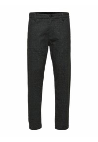 Tmavě šedé kalhoty z texturované látky, s rovým střihem, poutky na opasek a jedním knoflíkem na zapínání v pase.