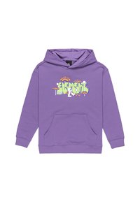 Sudadera con capucha morada y bolsillo frontal. Presenta un colorido estampado gráfico con setas y la palabra "ELEMENT." Está hecha de una tela suave.