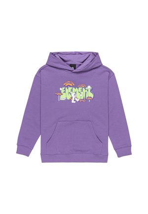 Felpa con cappuccio viola con tasca frontale. Presenta una stampa grafica colorata con funghi e la parola "ELEMENT." Realizzata in tessuto morbido.