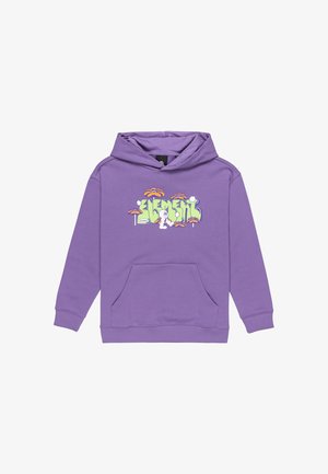 Felpa con cappuccio viola con tasca frontale. Presenta una stampa grafica colorata con funghi e la parola "ELEMENT." Realizzata in tessuto morbido.