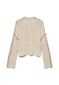 Beige strikket genser med en kort design, med rund hals og snøring på siden langs ermene. Strukturert stoff gjennom hele plagget.