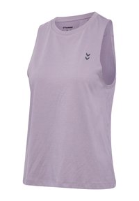 Sleeveless light purple athletic tank top with round neckline and small dark logo on upper left chest.