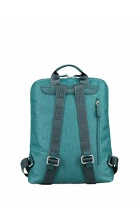 Sac à dos en tissu teal avec deux bretelles ajustables, une poignée supérieure, une poche avant zippée et un motif de logo gaufré sur les bretelles.