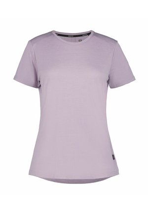 Jasnofioletowy damski T-shirt z krótkim rękawem, okrągłym dekoltem i lekko zaokrąglonym dołem, gładki wzór bez nadruków ani logotypów.