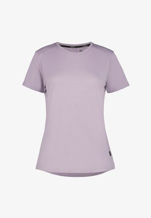 Jasnofioletowy damski T-shirt z krótkim rękawem, okrągłym dekoltem i lekko zaokrąglonym dołem, gładki wzór bez nadruków ani logotypów.