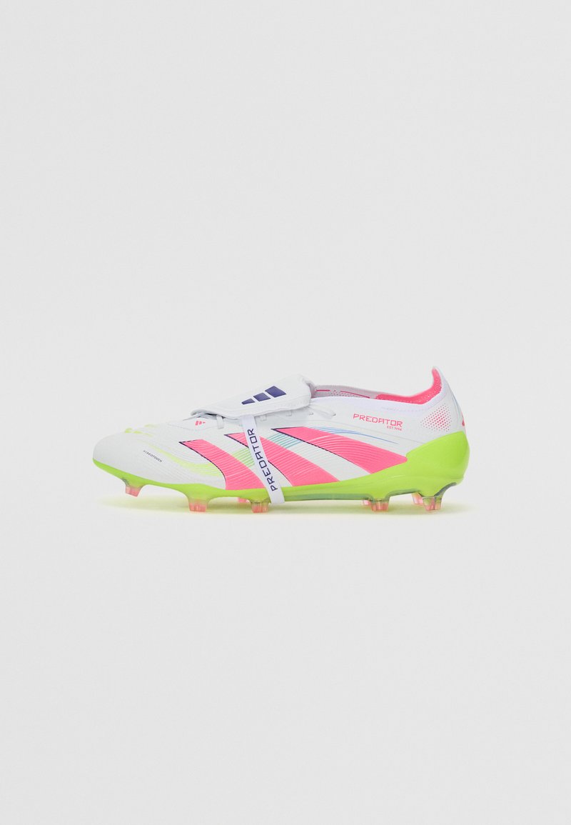 White soccer cleat with pink and green accents, smooth texture, textured upper, and round studs for traction. Features "Predator" branding.