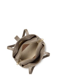 Borsa a tracolla in pelle grigia con due scomparti, cerniere dorate e interno testurizzato. Include maniglie doppie e una base piatta per stabilità.