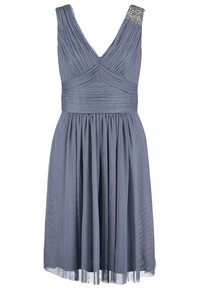 Grey A-line dress with vertical pleats, V-neckline, wide shoulder straps, and embellished shoulder detail. Flowy skirt with sheer overlay.