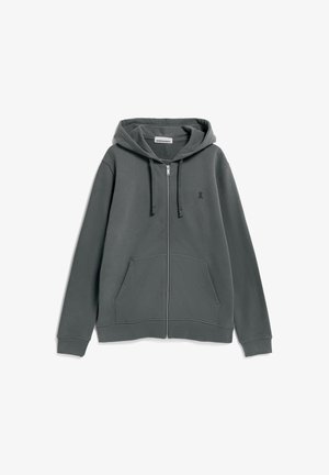 Gevoerde hoodie in donkergrijs fleece, met een voorzak, een capuchon met trekkoord en een klein embleem op de borst. Zachte textuur.