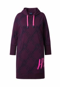 Vestito lungo a hoodies viola con un motivo a quadri, dotato di lacci rosa e tasche laterali, realizzato in un morbido tessuto testurizzato.