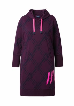 Long purple hoodie dress with a checkered pattern, featuring pink drawstrings and side pockets, made from soft, textured fabric.