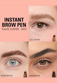 Verpakking van de Instant Brow Pen met drie kleurstalen: Koel Bruin, Warm Bruin, Donker Bruin. De pen heeft een meerpuntige tip voor nauwkeurige applicatie.