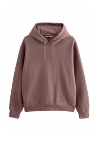Sudadera rosa acanalada con una gran capucha con cordón, mangas largas y un ajuste relajado. Presenta una textura suave y puños y dobladillo elásticos.