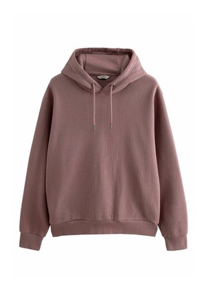 Gerippter pinker Hoodie mit einer großen Kordelzugkapuze, langen Ärmeln und einem lockeren Schnitt. Besitzt eine weiche Textur sowie elastische Bündchen und Saum.