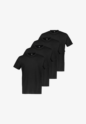 Vier schwarze Baumwoll-T-Shirts mit kurzen Ärmeln und Rundhalsausschnitten, in einer Reihe ausgestellt. Einfaches Design, keine Muster oder Akzente sichtbar.