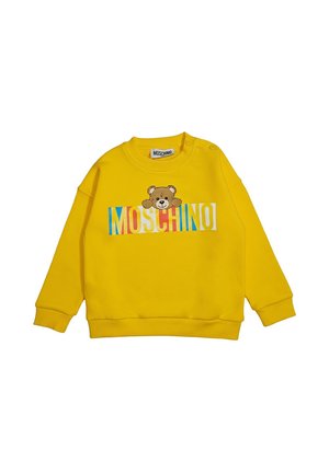 Felpa gialla per bambini con scritta colorata MOSCHINO e un piccolo orsetto sopra il nome del marchio sul davanti.
