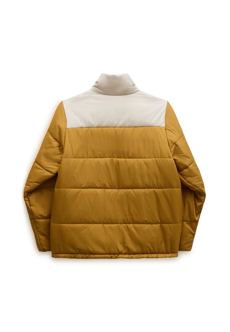 Veste rembourrée avec un corps jaune moutarde et une partie supérieure blanche, col montant et texture matelassée.