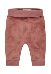 Sanfte, staubige rosafarbene Babypants mit elastischem Bund und umgeschlagenen Knöcheln, gefertigt aus plüschigem, strukturiertem Stoff.