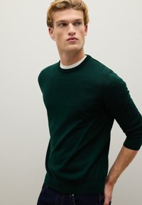 Maglione verde scuro, colletto rotondo, maniche lunghe, polsini e orlo ribattuti, realizzato in un tessuto liscio, con un colletto bianco a contrasto sotto.