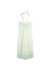 Vestido verde claro sin tirantes con un detalle frontal trenzado y un dobladillo de encaje. Hecho de una tela suave, con un cuello halter y cierre de lazo.