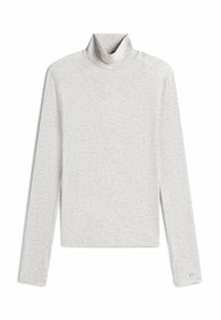 Helles graues Turtleneck-Oberteil aus weichem Stoff. Verfügt über lange Ärmel und ein leicht verkürztes Design mit glatter Textur. Keine Muster oder Hardware.