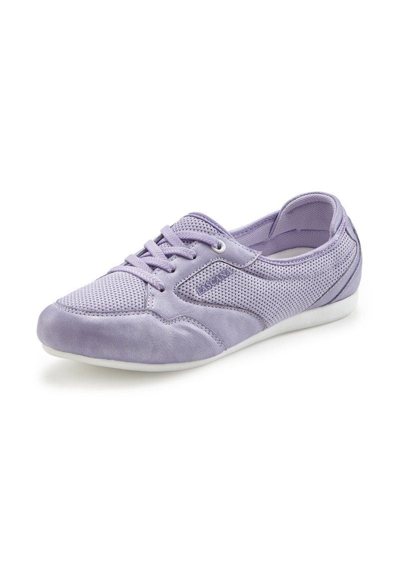 Light purple athletic shoe with a mesh upper, suede accents, rounded toe, lace-up design, and a flexible white rubber sole.