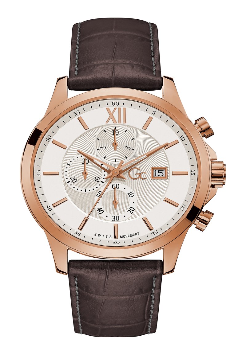 Hronogrāfu pulkstenis ar rozā zelta nerūsējošā tērauda korpusu, baltu teksturētu ciparnīcu, brūnu ādas siksniņu un datuma logu pulksteņa rādītājā pie 3 stundām.