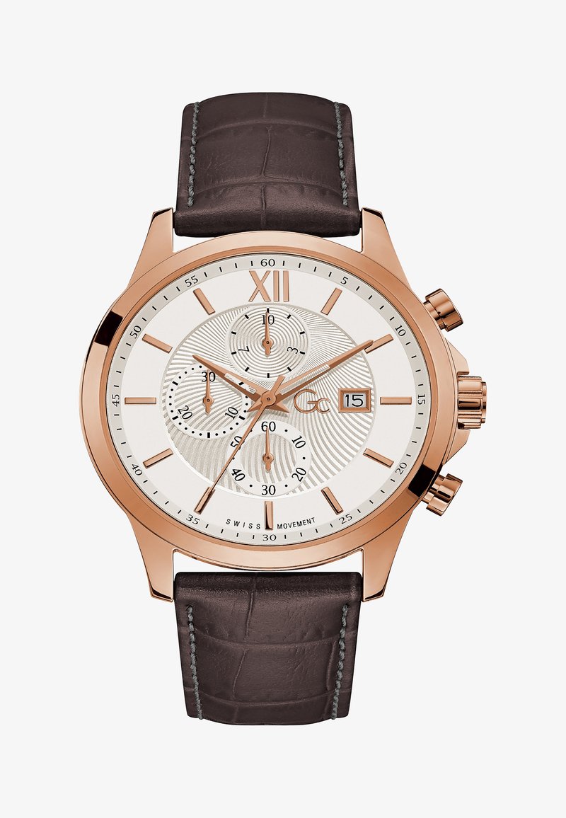 Hronogrāfu pulkstenis ar rozā zelta nerūsējošā tērauda korpusu, baltu teksturētu ciparnīcu, brūnu ādas siksniņu un datuma logu pulksteņa rādītājā pie 3 stundām.