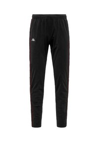 Pantalones de chándal negros ajustados, hechos de un tejido suave, con una franja roja a los lados y un logo bordado en la parte frontal. Cintura elástica.