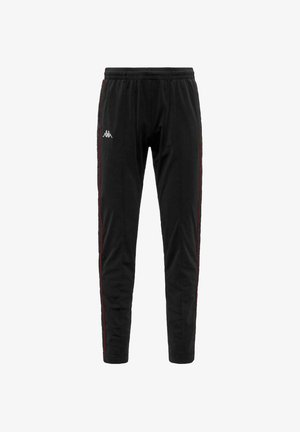 Pantalones de chándal negros ajustados, hechos de un tejido suave, con una franja roja a los lados y un logo bordado en la parte frontal. Cintura elástica.