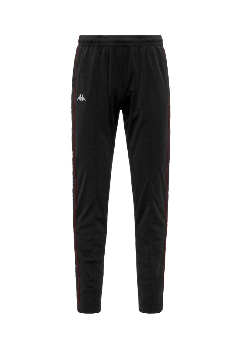 Pantalones de chándal negros ajustados, hechos de un tejido suave, con una franja roja a los lados y un logo bordado en la parte frontal. Cintura elástica.