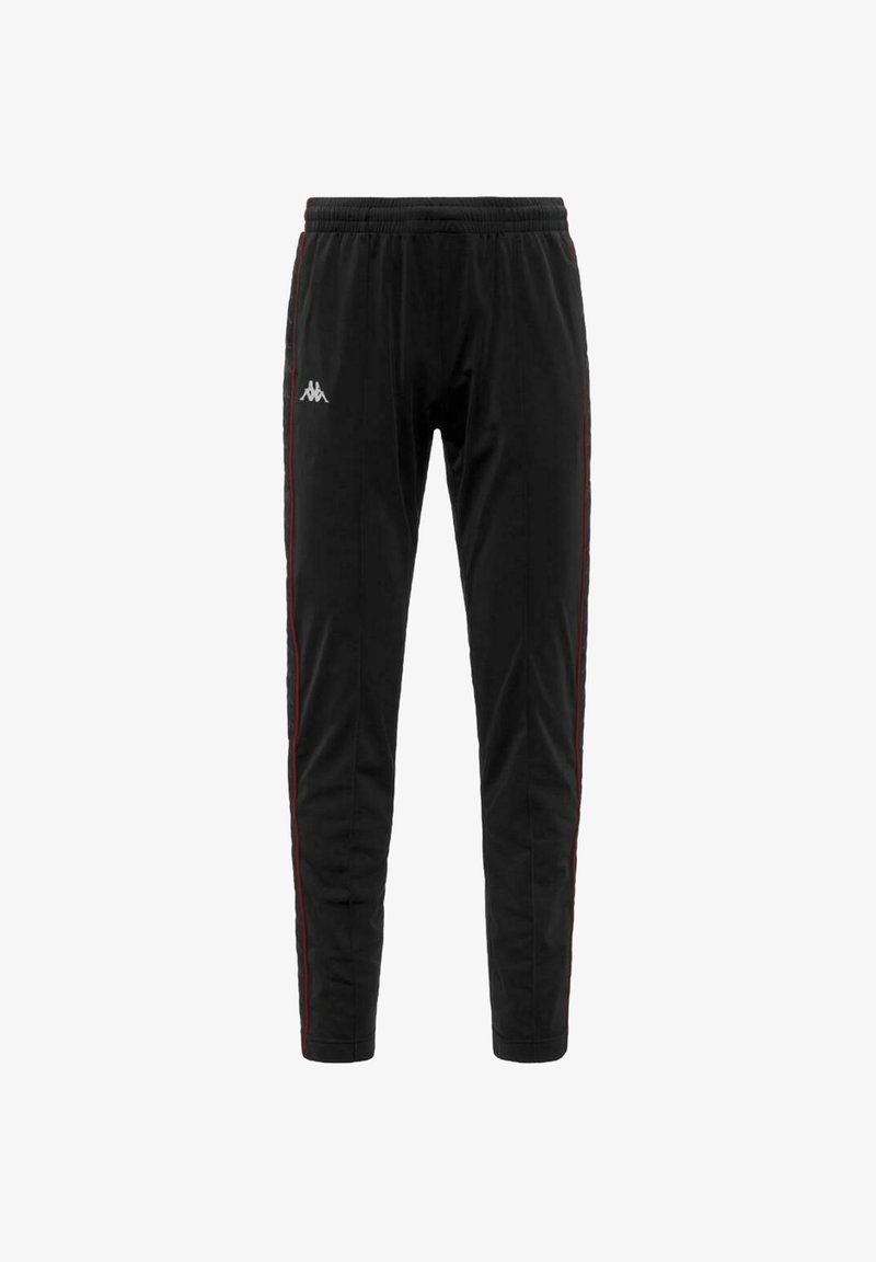 Pantaloni da tuta neri a sigaretta realizzati in tessuto liscio, con una striscia rossa lungo i lati e un logo ricamato sul davanti. Vita elasticizzata.