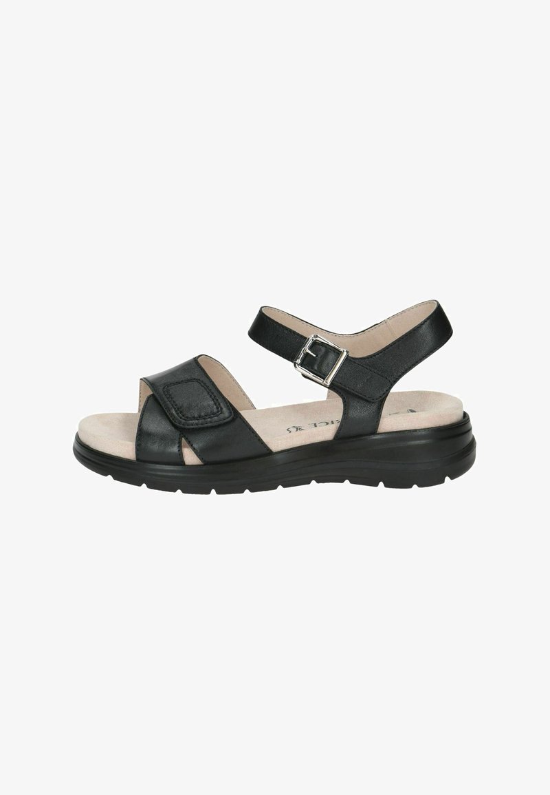 Sandales en cuir noir avec une bride en velcro et une boucle réglable, design à bout ouvert, semelle intérieure rembourrée et semelle extérieure épaisse en caoutchouc texturé.