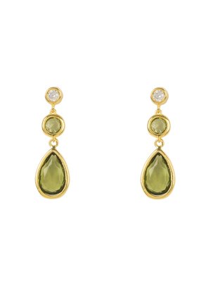 Kultaiset roikkuvat korvakorut, joissa ylhäällä on soikea kirkas jalokivi, keskellä pyöreä vihreä jalokivi ja alapuolella pisaramallinen vihreä kivi.