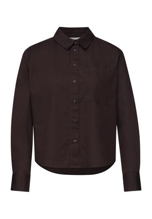 Chemise marron foncé à manches longues avec boutons, col et poche poitrine, à ourlet arrondi et poignets boutonnés.