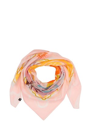 Silk scarf in soft pink with vibrant sun and floral patterns. Lightweight, square shape, with a smooth texture and wide borders.