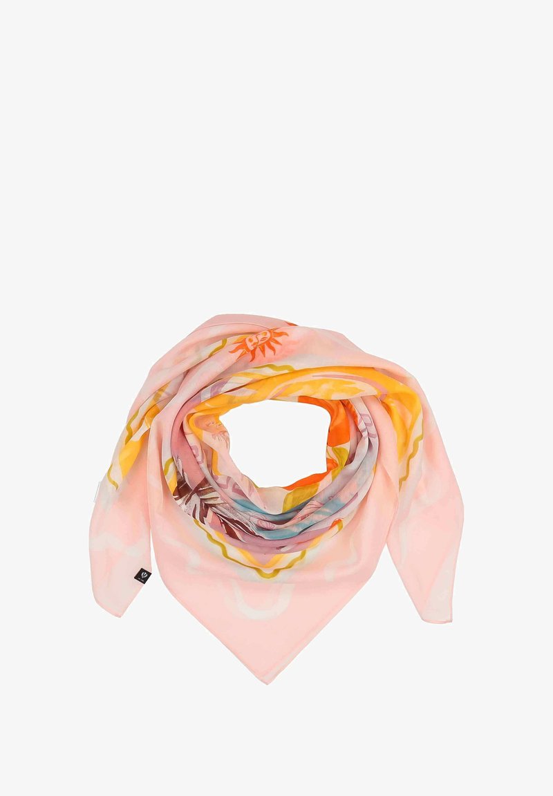 Sciarpa di seta di un morbido rosa, con motivi vivaci di sole e fiori. Leggera, di forma quadrata, con una texture liscia e bordi ampi.