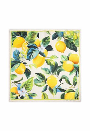 Tela cuadrada con un patrón vibrante de limones que presenta limones amarillos, hojas verdes y flores blancas sobre un fondo claro.