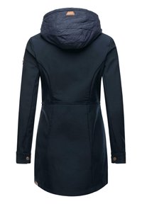 Navy blue trench coat with a quilted hood, fitted silhouette, buttoned cuffs, and a logo accent near the hem. Smooth fabric texture.