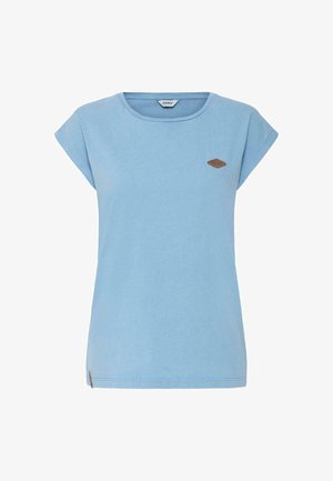 Helesinine lühikeste varrukatega naiste T-särk ümara kraega ja vasakul rinnal väike pruun brändi märk.