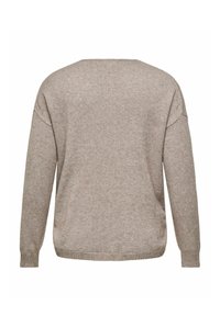 Pull en tricot beige à manches longues avec poignets et ourlet côtelés, présenté à plat montrant le dos.