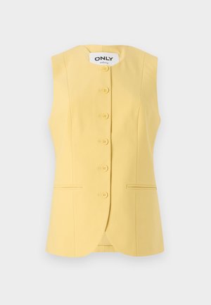 Geel mouwloos vest met een aansluitend ontwerp, voorzien van zes knopen aan de voorkant en twee zijzakken. Gladde stof met een nette afwerking.